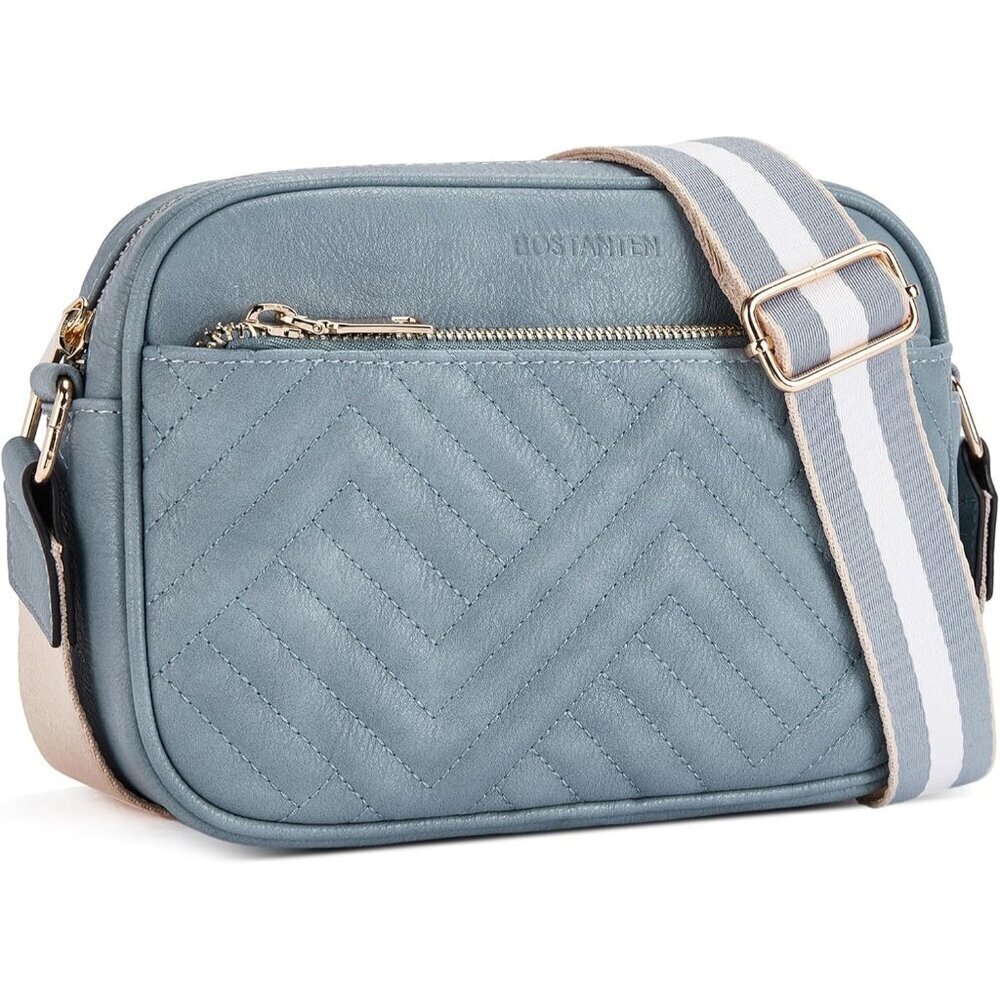 Quilted Vegan Leather Crossbody O-Blue Bag Women Wide Strap and Shoulder Use